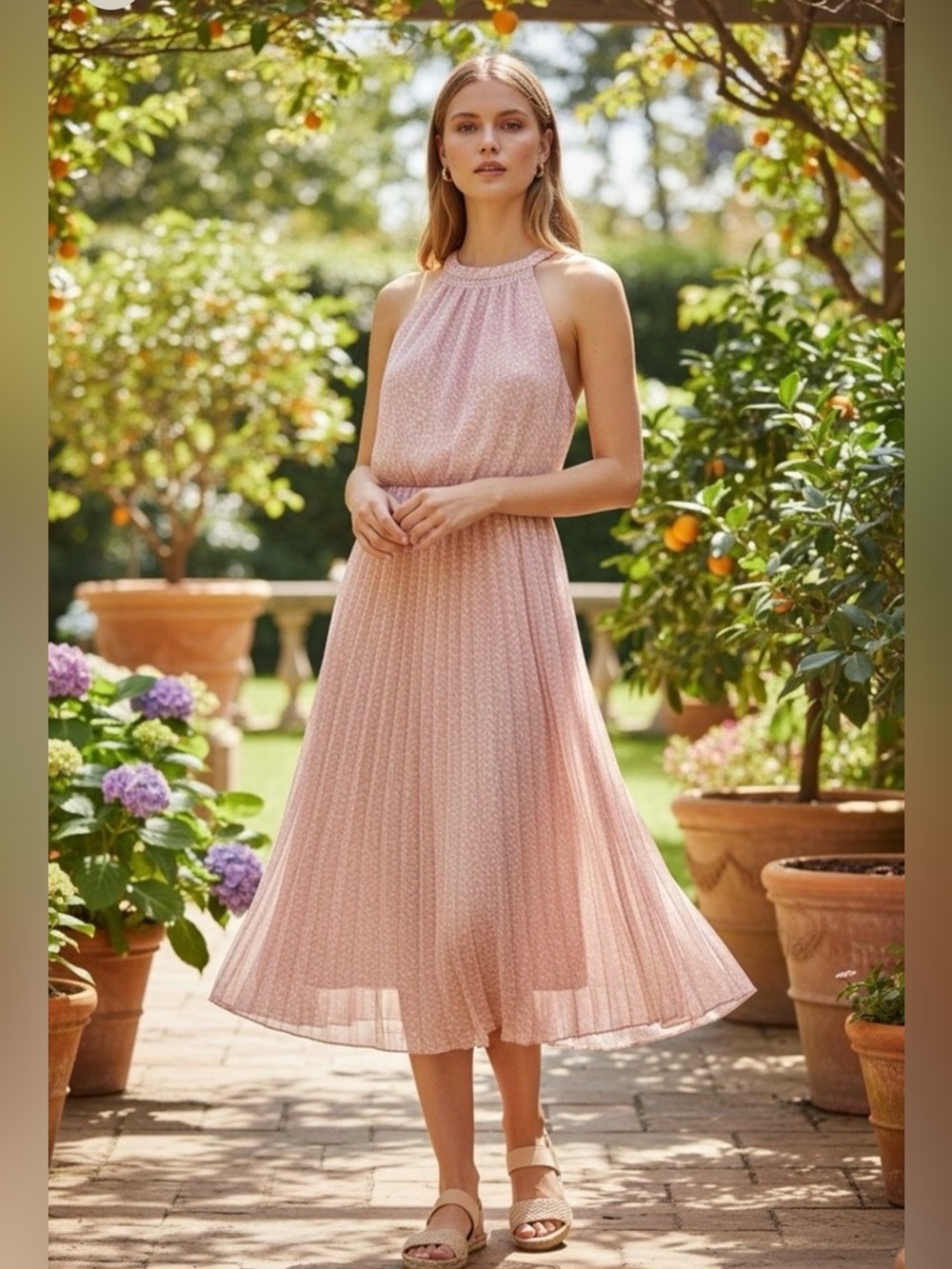 Japna Blush Pink Halter Pleated Midi Dress